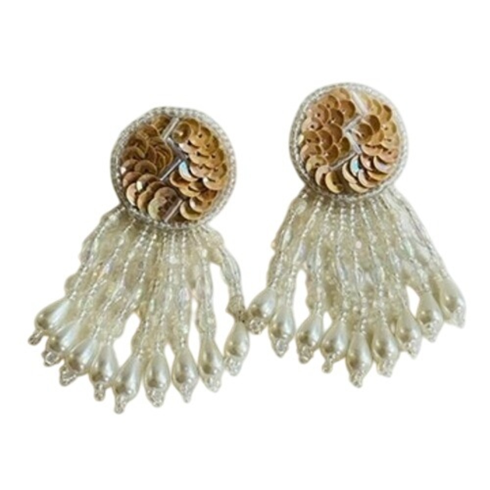 VTG Runway Glass pearl Burst Earrings Waterfall beads Dangle 1970s pierced 33"